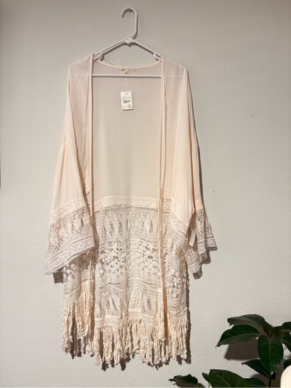 hint of mint Cream Cotton Boho Lace Fringe Kimono Cover-Up XL NWT